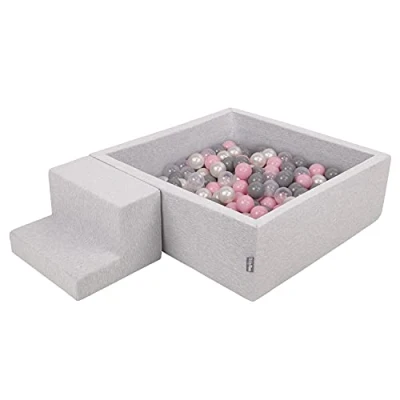 Afbeelding van KiddyMoon Foam Speeltoestel Met Vierkant Ballenbad (200 ballen), Lichtgrijs: parel/grijs/transparant/poederroze