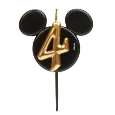 Image de dekora Décoration de bougie d&#039;anniversaire Mickey Mouse Bougies Disney en cire paraffine sans parfum noires et dorées avec oreilles Taille 8,5 cm Numéro 4