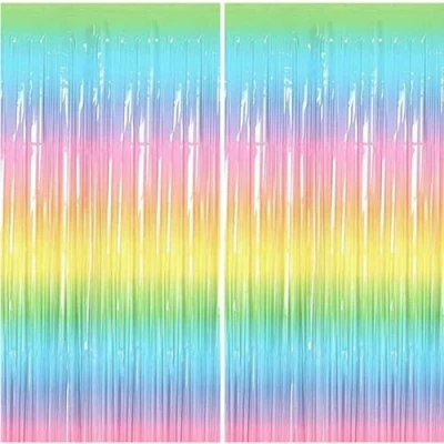 Afbeelding van Jonami Set van 2 pastelkleurige glinsterende gordijnen voor feest en verjaardagsdecoratie, aluminium franje gordijn, metallic achtergrond, franjes
