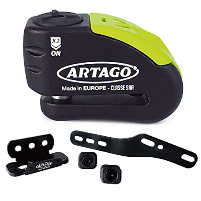 Afbeelding van Artago 30 x 3 stuks diefstalbeveiliging schijfblokkering met alarm 120 db hoge veiligheid + houder voor Kawasaki Z900, SRA goedgekeurd en Sold Secure Gold, zwart/geel