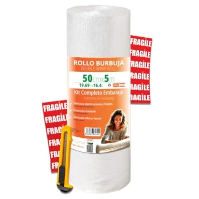 Afbeelding van OFITURIA Luchtkussenfolie 50 cm x 5 m complete verpakkingsset met cutter + 12 breekbare etiketten set voor verhuizing, verpakking, noppenfolie