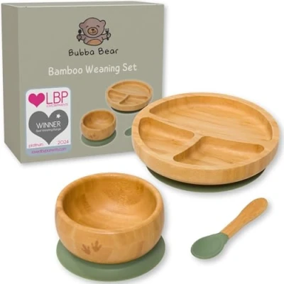 Afbeelding van Bubba Bear™ Babyset met zuignap, stabiel bord zuignap en lepel voor baby&#039;s peuters Gratis e book: The Bear Weaning van natuurlijk bamboe groen