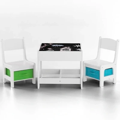 Afbeelding van Baby Vivo kinderzitgroep kinderset met multifunctionele tafel en 2 houten stoelen opberglade schoolbord Max