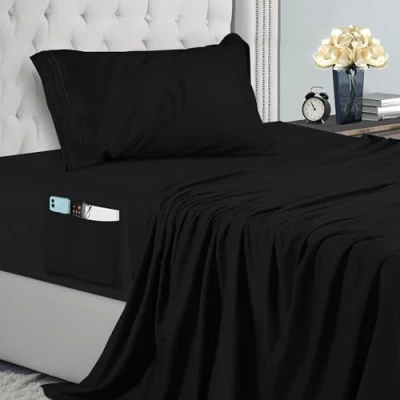 Afbeelding van Utopia Bedding 4 delige geborduurde beddengoedset 90 x 190 microvezel polyester hoeslaken met opbergzakken, laken en 1 kussensloop (enkel, zwart)