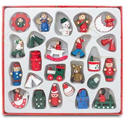 Afbeelding van BRUBAKER 24 delige set kerstboomversieringen van hout, tot 4 cm grote figuren, handbeschilderd