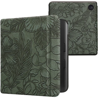 Afbeelding van kwmobile E reader hoesje geschikt voor Kobo Libra Colour hoes flip case met magnetische sluiting Ereader cover Bloemen in reliëf design groen