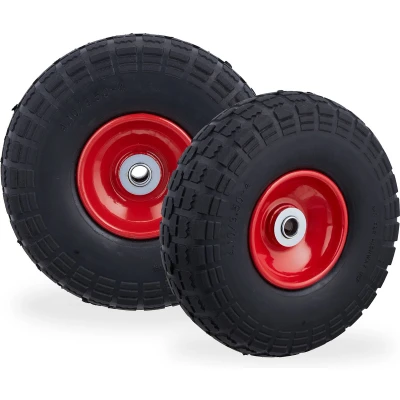 Afbeelding van Relaxdays steekwagenwiel 4.1/3.5 4 rubber 2 stuks bolderkarwiel antilekband zwart rood