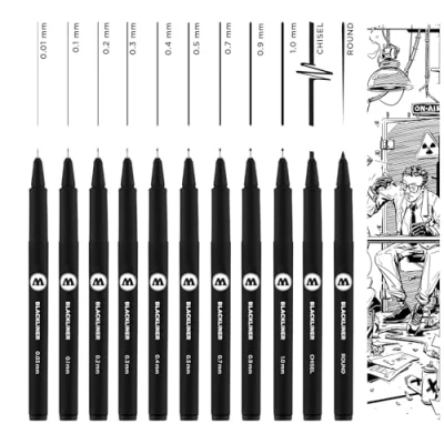 Afbeelding van Molotow Blackliner Fineliner met permanente inkt, onuitwisbaar, etui, wigvormige punt, ronde lijndikte 0,05 1,0 mm, zwart, 11 stuks