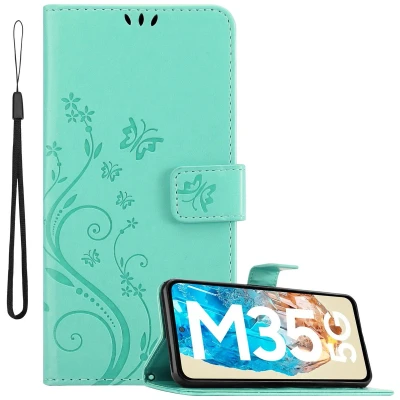 Afbeelding van Cadorabo Hoesje geschikt voor Samsung Galaxy M35 in BLOEMEN TURKOOIS Beschermhoes bloemmotief met magnetische sluiting, standfunctie en kaartsleuven Book Case Cover Etui