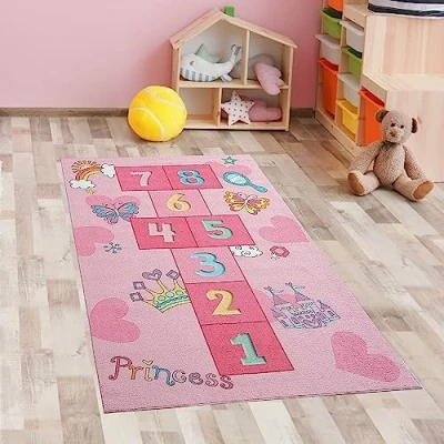 Afbeelding van CARPETIA Speeltapijt voor kinderen, hinkelbaan, hartkroon en prinsessenkasteel in roze, 80 x 150 cm