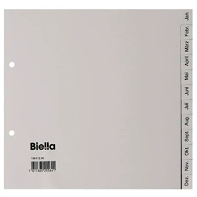 Afbeelding van Biella kunststof verdelers maand/met bedrukte tabbladen januari december / kleur: grijs formaat: 2 3 A4 voor DIN het ideaal opbergen van documenten