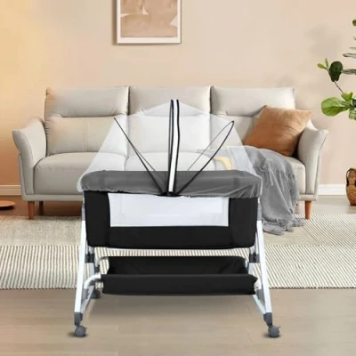 Afbeelding van Berceau 3 en 1, Lit Cododo, à Inclinaison, Hauteur réglable sur 6 Niveaux(100 115cm), jusqu&#039;à 50kg, Roues 360º, Moustiquaire, Panier de Rangement 80 x 40 100 116 cm (noir)