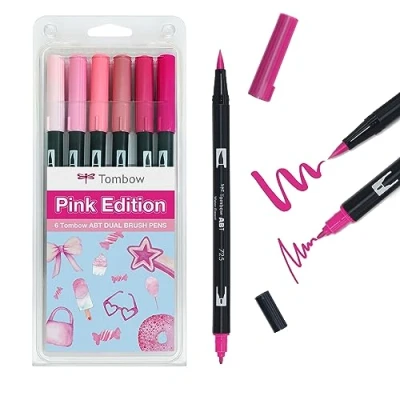 Afbeelding van Tombow ABT Dual Brush Pen, Pink Edition, viltstift met twee punten, perfect voor belettering en bullet journal, waterverf, 6 delige set