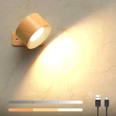 Afbeelding van Led wandlamp voor binnen, 1 stuk, werkt op batterijen, met schakelaar, 360 graden draaibaar, USB oplaadbaar, magnetisch, slaapkamer, woonkamer, trap (houtnerf)