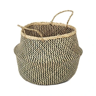 Afbeelding van Compactor Grote opbergmand van zeegras gevlochten in buikvorm, 45 x 36 cm, natuur/zwart