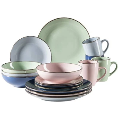 Afbeelding van MÄSER 931870 Metallic Rim Modern tafelservies voor 4 personen met messing rand, 16 delig snijvormen zonder meerkleurig, zandsteen, pastelblauw