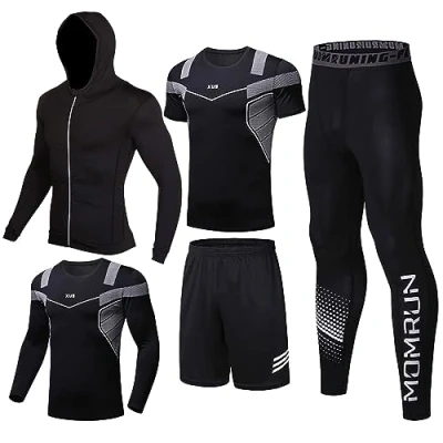 Afbeelding van BOOMCOOL 5 delige trainingspak voor heren, hardloopkleding, overhemden met lange mouwen, leggings en shorts, sportkleding atletiek, E1