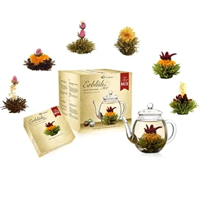 Image de Creano Mélange de fleurs à thé Coffret cadeau doré fleuri avec théière en verre, blanc, vert et noir 6 variétés pour femme 7 pièces