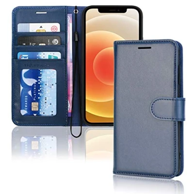 Afbeelding van TECHGEAR Beschermhoes voor iPhone 12 Mini met portefeuille, leer, beschermklep, kaartsleuven, kickstand en polsband, PU blauw, compatibel 5,4 inch