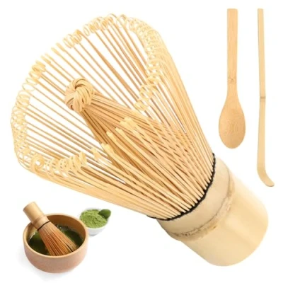Afbeelding van traditionele ELEPRUC Chasen Matcha set met 100 stokjes, garde van natuurlijk bamboe, (Chasen), lepel (chashaku), groene theelepel