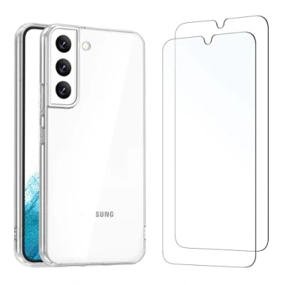 Afbeelding van NEW&#039;C Beschermhoes voor Samsung Galaxy S22 5G, zeer transparant, siliconen, TPU gel, zacht, 2 x displaybeschermfolie van gehard glas 5G