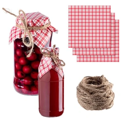 Afbeelding van KADAX 50 stuks jute koord decoratieve placemats voor jampotten, papieren (rood geruit)