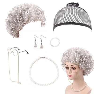 Afbeelding van Vastsea 7 delige grootmoeder pruik, verkleedset, cosplay set voor dames, kostuumset oude geschikt carnaval, rollenspellen (zilvergrijze pruik)