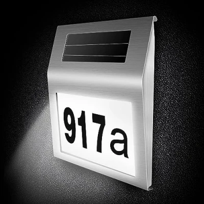 Afbeelding van COEKI Huisnummer van roestvrij staal op zonne energie met 2 leds schemeringsschakelaar IP65 waterdicht voor buiten cijfers 0 9 en letters A H
