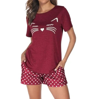 Afbeelding van Reliwel Zomerpyjama voor dames, katoen, korte pyjama, tweedelige pyjama met schattige kat, mouwen en shorts, alle seizoenen, Wijn rood