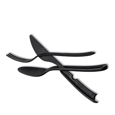 Afbeelding van Silwy® Tricky 3 delige bestekset in de kleur zwart, bestaande uit messen, vork en lepel), compact kliksysteem creëert orde, perfect voor camping, caravan boot