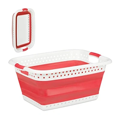 Afbeelding van Relaxdays opvouwbare wasmand plastic kunststof mand voor wasgoed inklapbaar 37 L rood