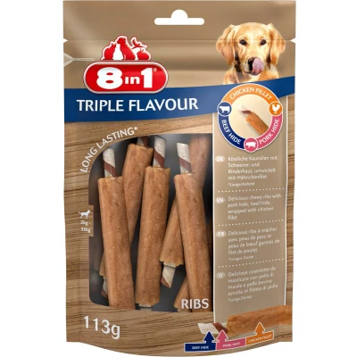 Afbeelding van 8in1 Delights Ribs Triple Flavour Hondensnacks Kip Varken Rund 113 g 6 stuks