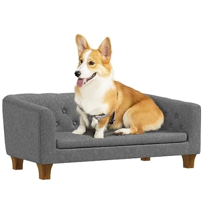 Afbeelding van PawHut bank voor honden en katten, verhoogde kleine middelgrote honden, met afneembaar zacht kussen, eenvoudige installatie, 96 x 60 42 cm, grijs