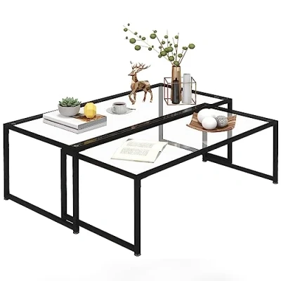 Afbeelding van HOMCOM Set van 2 uittrekbare salontafels, rechthoekige stalen design en glasplaten gehard glas, zwart