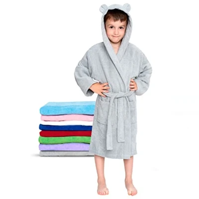 Afbeelding van Twinzen Badjas voor kinderen van katoen meisjes en jongens 100% Oeko Tex® zonder chemicaliën 2 zakken, riem, capuchon met oren, grijs.