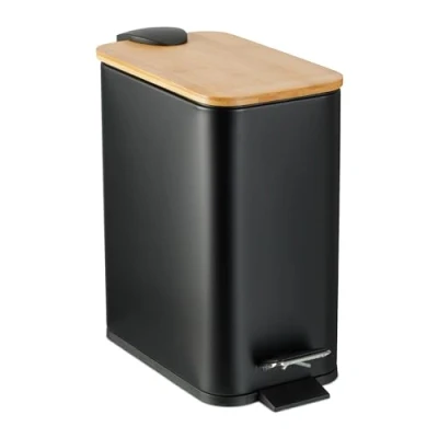 Afbeelding van Relaxdays Afvalemmer voor badkamer, 5 liter, metaal, uitneembare binnenemmer, bamboe deksel, zwart
