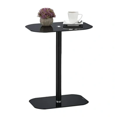 Afbeelding van Relaxdays Bijzettafel, glas en staal, 54,5 x 44,5 29,5 cm (h b d), woonkamertafel, afgeronde hoeken, zwart