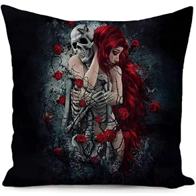 Afbeelding van HUASHUZI Gothic doodskop kussensloop Rozendecoratie Dubbelzijdig Woondecoratie voor woonkamer, bank, cadeau 45 x cm