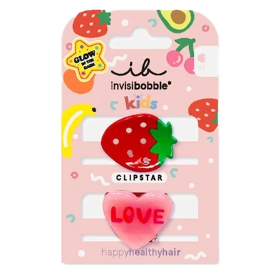 Afbeelding van invisibobble CLIPSTAR GLOW KIDS FRUTTI STRAWBERRY 2 stuks lichtgevende haarspelden voor kinderen, glanzende en antislip haarclips gezond haar, aardbeien hartdesign