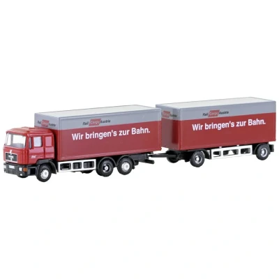 Afbeelding van Minis by Lemke LC4608 N Vrachtwagen MAN F90, 3 assige kofferhangertrein Rail Cargo Austria (ÖBB)