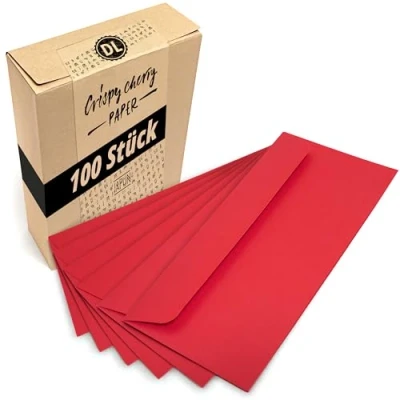 Afbeelding van Japun enveloppen (100 stuks) van papier, envelop zonder venster DIN lang 220 x 110 mm rood
