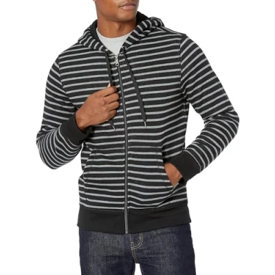 Image de Amazon Essentials Sweat shirt à capuche en polaire avec fermeture éclair intégrale (grandes tailles disponibles) Men&#039;s, Noir Gris Rayures, L