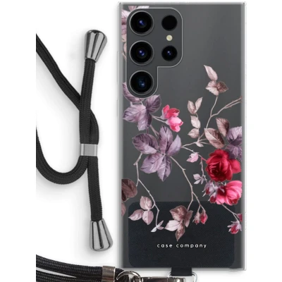Afbeelding van Case Company® hoesje met Koord geschikt voor Samsung Galaxy S23 Ultra Mooie bloemen Telefoonhoesje Zwart Bescherming aan alle Kanten en Over de Schermrand