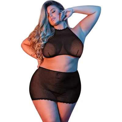 Afbeelding van Polka Dot Mesh Halter &amp; Skirt Set Zwart Queen Size