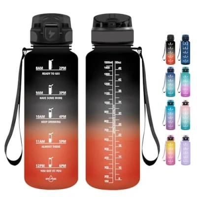Afbeelding van Grsta Drinkfles, 1500 ml, sportfles, BPA vrij, motiverende drinkfles met rietje, waterfles tijdmarkering voor wandelen, school, kantoor, outdoor, marineblauw