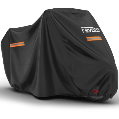 Afbeelding van Favoto Motorhoes, waterdicht, XL, outdoor, stofdicht, zon, regen, wind, sneeuw, met reflecterende strepen, zwart, 220 x 102 122 cm