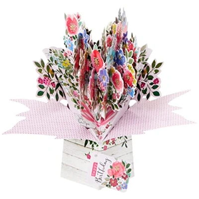 Afbeelding van 3D Pop up wenskaart met envelop Happy Birthday Flowers Heartshape
