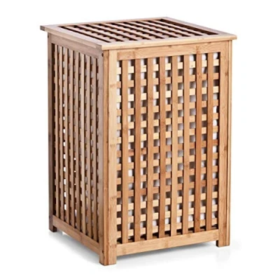 Afbeelding van Bamboe houten wasmand bruin vierkant met deksel en waszak 40 x 58 cm 50 liter
