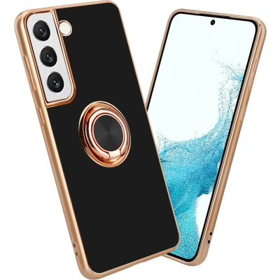 Afbeelding van Cadorabo Hoesje geschikt voor Samsung Galaxy S22 in Glossy Zwart Goud met ring Beschermhoes van flexibel TPU silicone Case Cover camerabescherming en magnetische autohouder