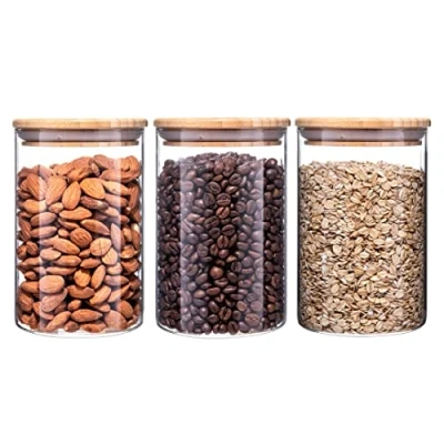 Afbeelding van Igluu Meal Prep Set van 3 glazen potten Met houten deksel 900 ml Borosilicaatglas bamboe deksels Voor het bewaren pasta, muesli, thee, koffie, suiker